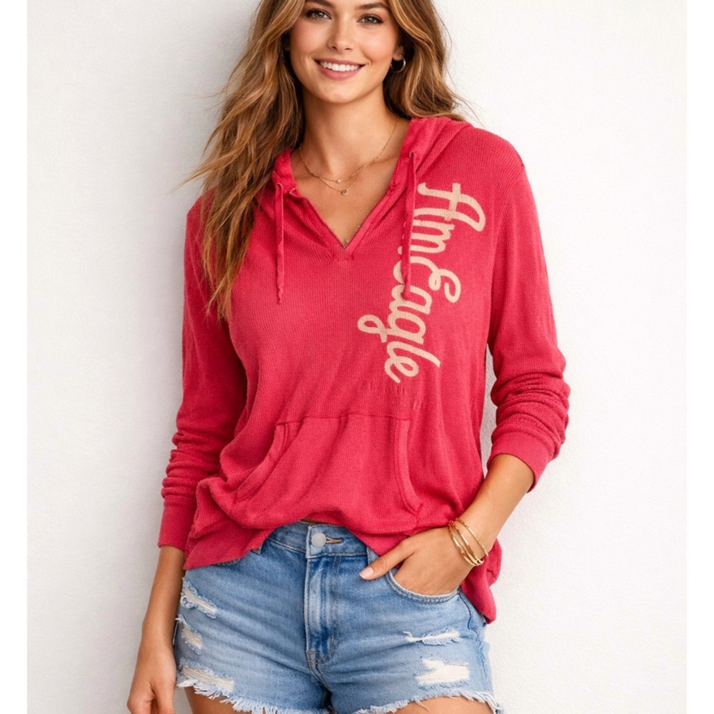 American Eagle Pink Waffle Knit Hooded Henley Thermal Lounge Top XL Cozy Y2K